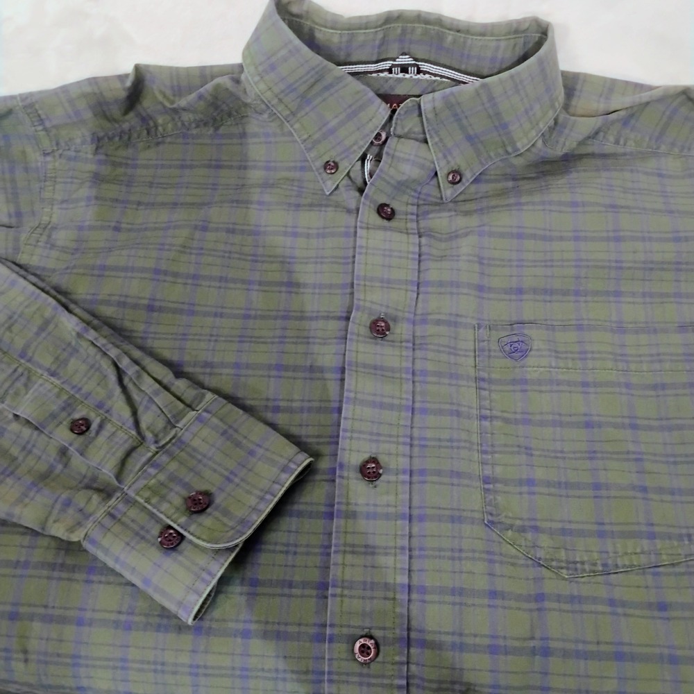 Ariat Pro Series Mens Medium Green Blue Plaid Long Sleeve‎ Button Down Shirt W